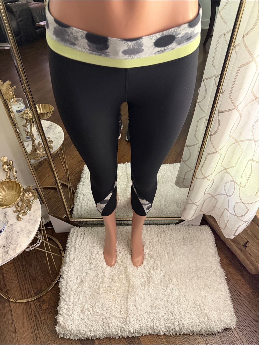 lululemon athletica Black Capri Leggings with Yellow Waistband and Gray Pattern
